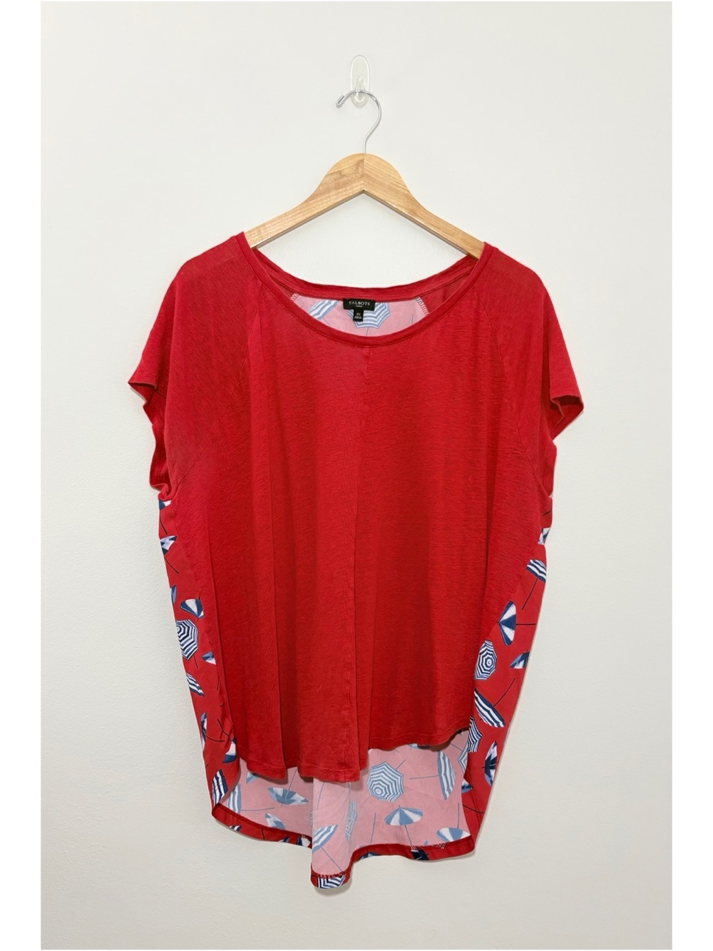 Talbots red umbrella print 100% linen high-low blouse (2X)
